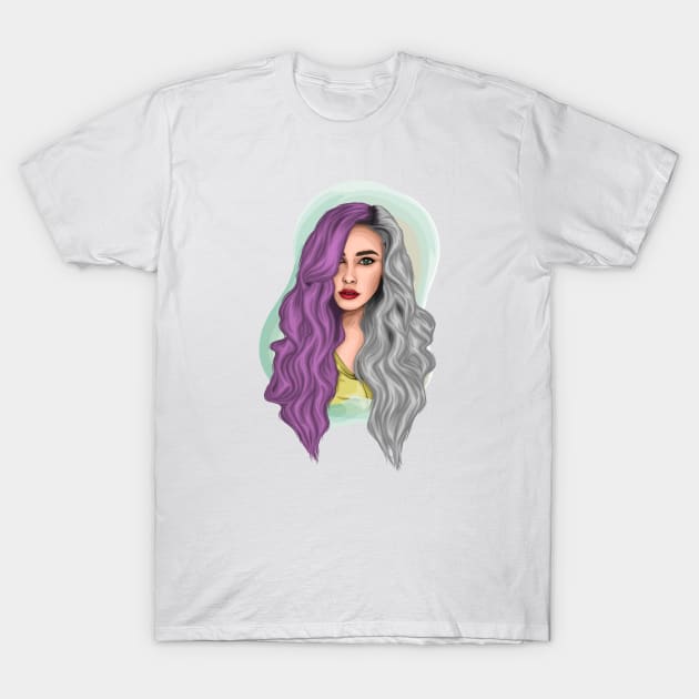 Girl portrait with purple and silver hair T-Shirt by klara_art